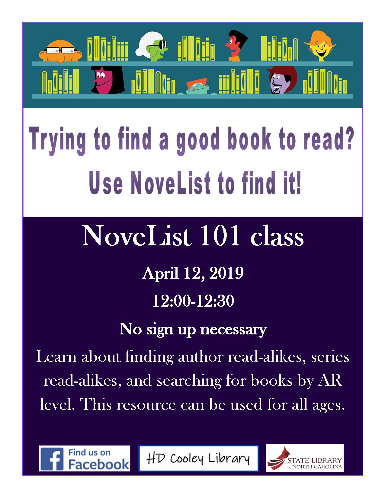 Date and time for class about finding books using NoveList