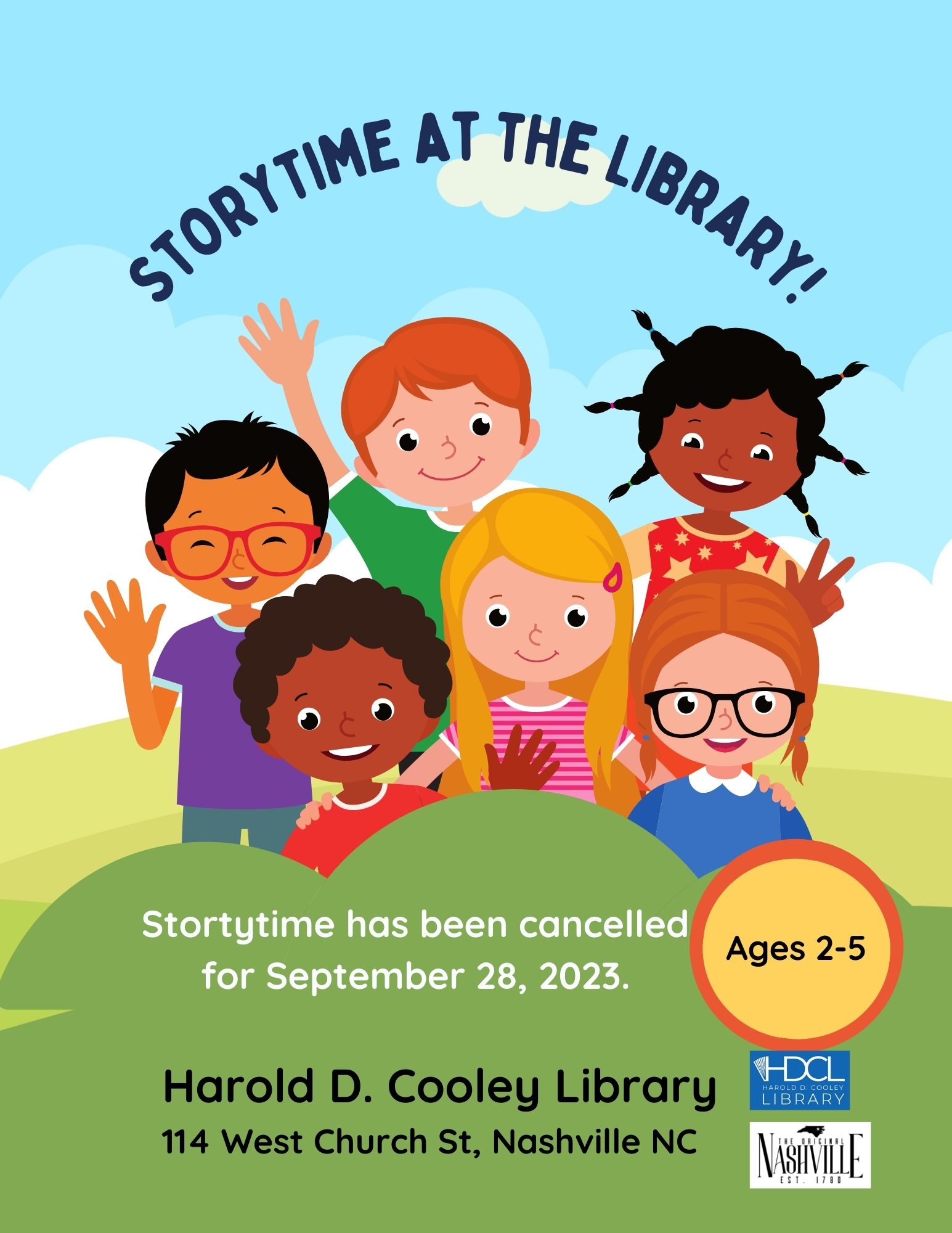 Stortytime has been cancelled for September 28 date and time