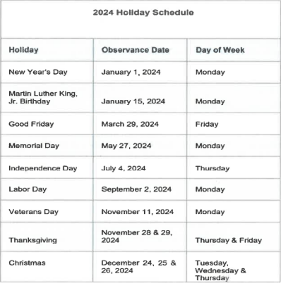 holiday schedule